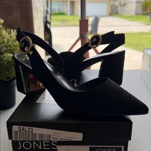 Jones New York Black Pointed Slingback Block Heel with Gold Buckle